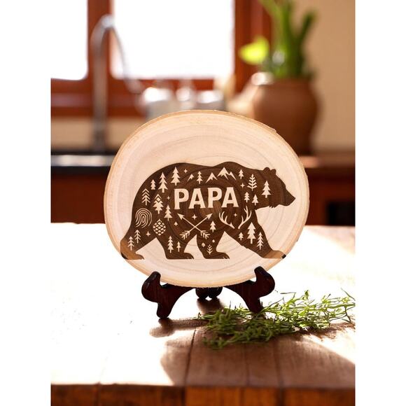 Personalized Papa Bear Wood Slice Engraving with Kids’ Names | Rustic Papa Gift - Picture 2 of 4